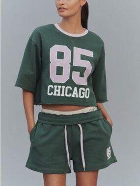 Anthropologie Green '85 Chicago' Cropped Oversized Tee & Shorts Set